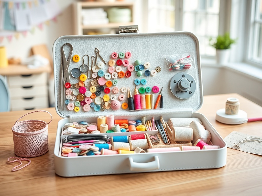 O cutie de cusut deschisă, plină de ațe colorate, nasturi și instrumente de cusut, pe o masă de lucru.
