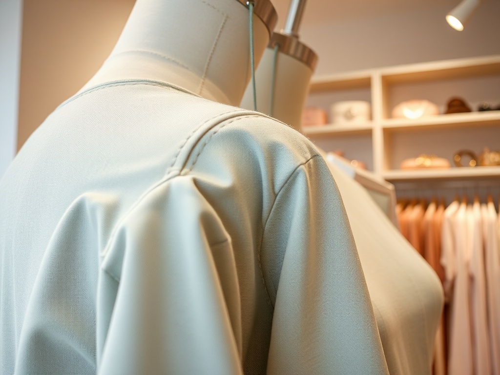 Manechin cu un top elegant, din material deschis la culoare, expus într-un magazin de îmbrăcăminte.