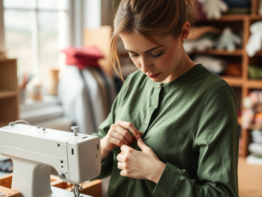 O tânără îmbrăcată într-o bluză verde, butonând un rând de nasturi într-un atelier de croitorie.