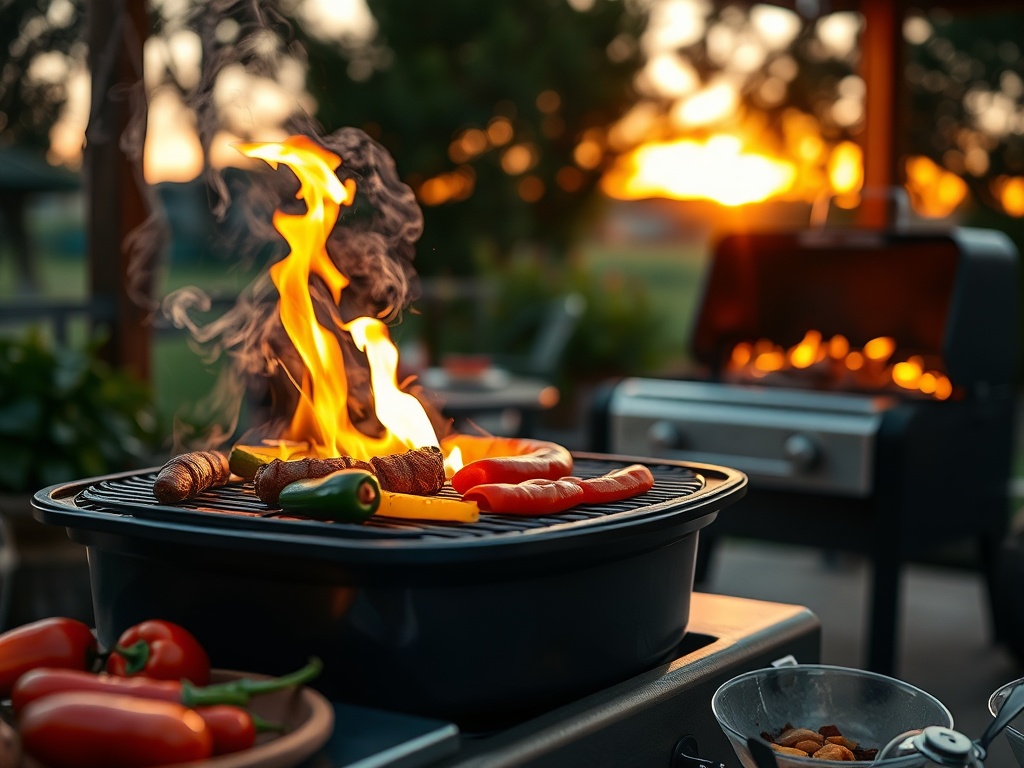 Grătar cu cârnați și legume prăjite, flăcări dansând la apus, atmosferă de vară relaxantă.