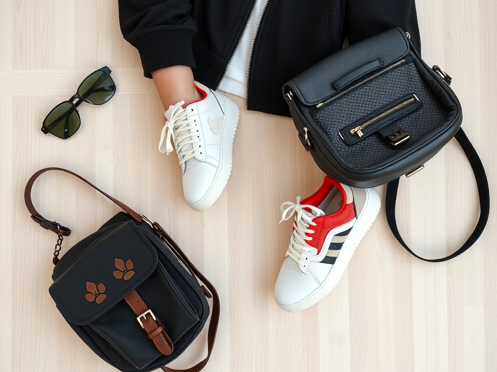 Încălțăminte sportivă albă cu accente roșii și genți elegante pe un fundal de lemn deschis. Ochelari de soare.