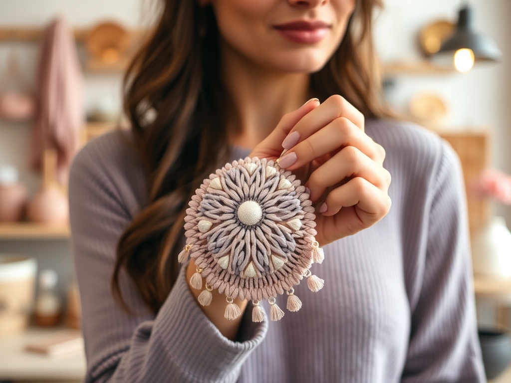 O femeie ține un ornament colorat cu un design floral, într-un decor modern și minimalist.