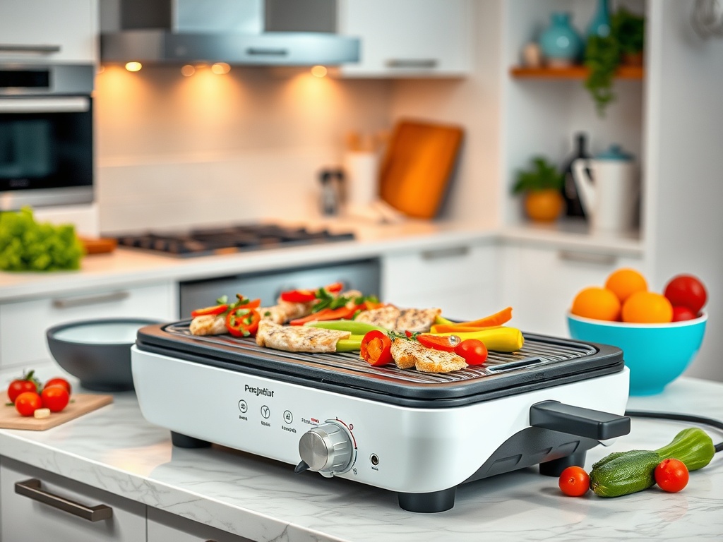 Grătar electric în bucătărie, cu legume și carne gătite, pe un fundal modern și luminos.